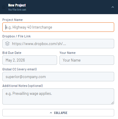 Project setup panel